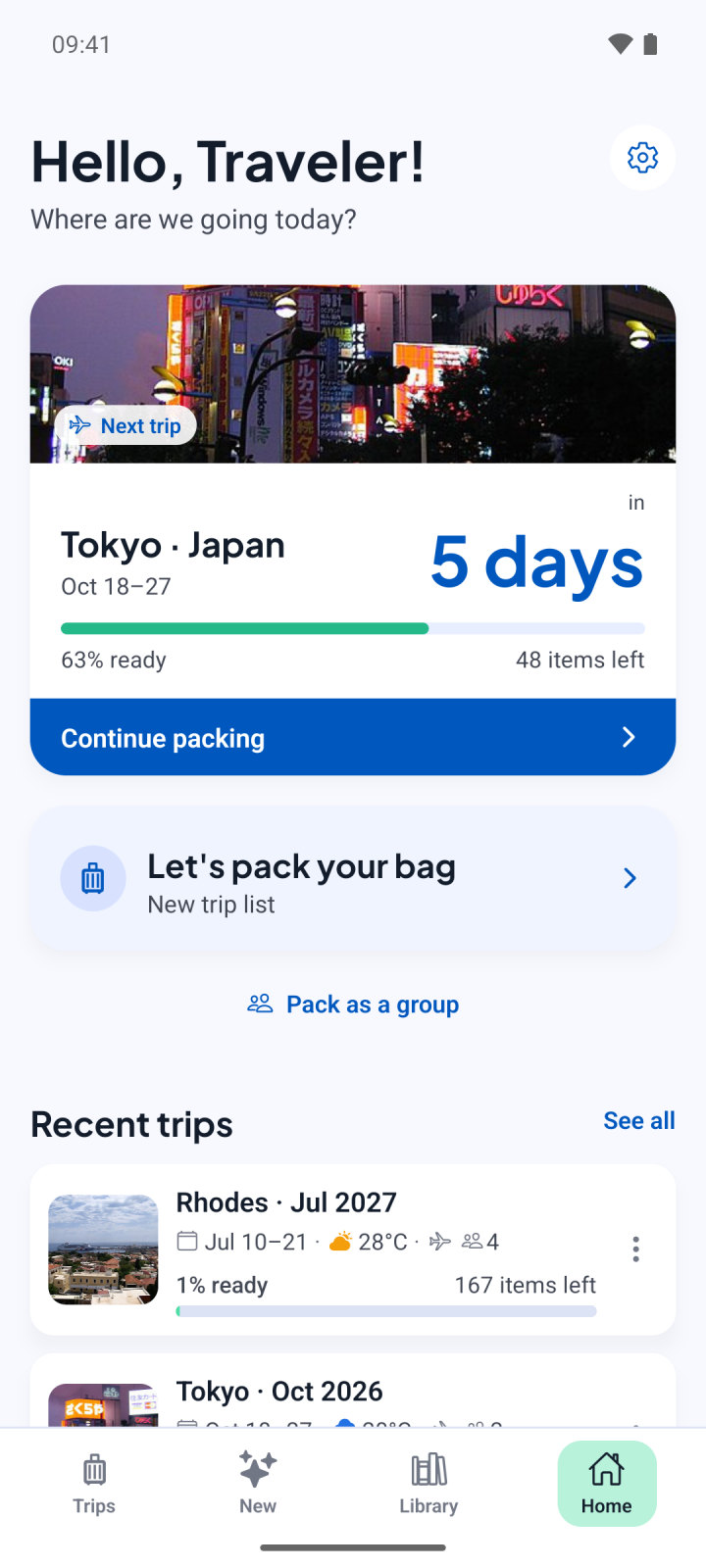 PackLug home screen: next departure to Tokyo, with the countdown and packing progress