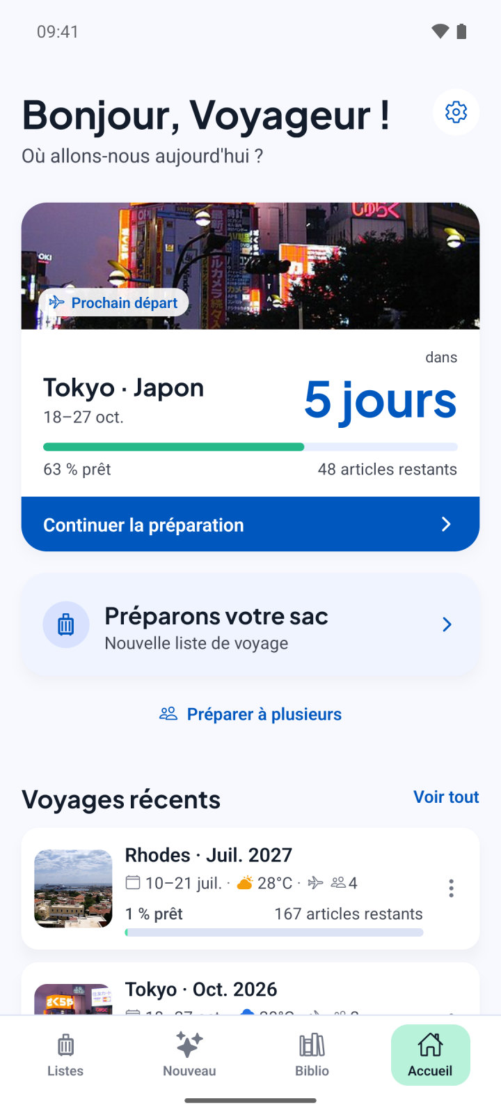 Écran d'accueil de PackLug : prochain départ pour Tokyo, avec le compte à rebours et l'avancement de la préparation